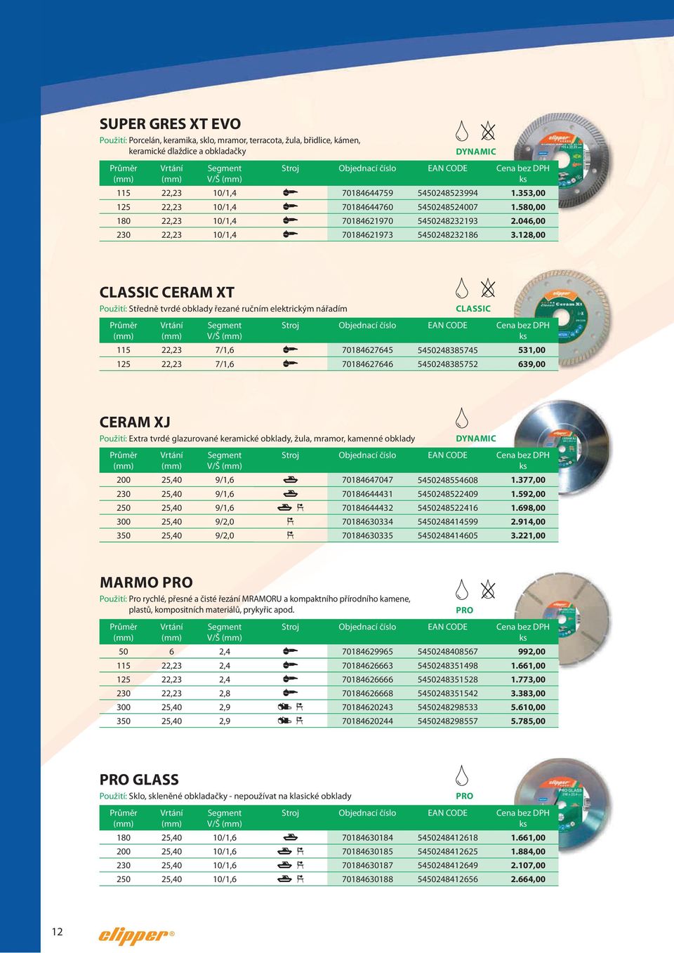 128,00 CERAM XT Použití: Středně tvrdé obklady řezané ručním elektrickým nářadím V/Š 115 22,23 7/1,6 70184627645 5450248385745 531,00 125 22,23 7/1,6 70184627646 5450248385752 639,00 CERAM XJ