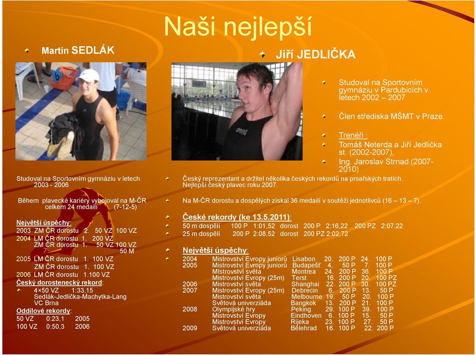 Během plavecké kariéry vybojoval na M-ČR Na M-ČR dorostu a dospělých získal 36 medailí v soutěži jednotlivců (16 13 7). celkem 24 medailí (7-12-5)