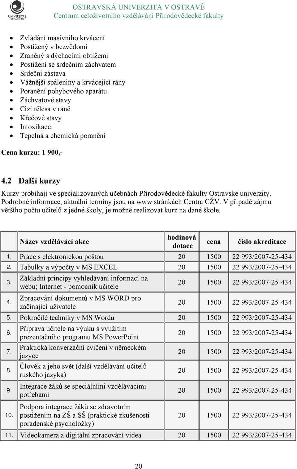 2 Další kurzy Kurzy probíhají ve specializovaných učebnách Přírodovědecké fakulty Ostravské univerzity. Podrobné informace, aktuální termíny jsou na www stránkách Centra CŽV.