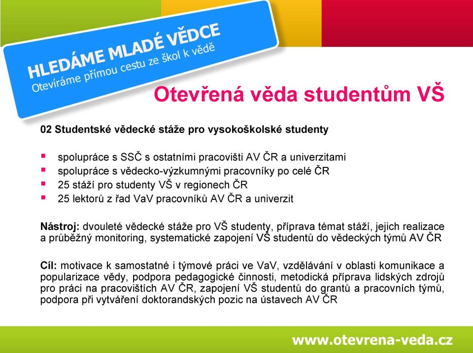 průběžný monitoring, systematické zapojení VŠ studentů do vědeckých týmů AV ČR Cíl: motivace k samostatné i týmové práci ve VaV, vzdělávání v oblasti komunikace a popularizace vědy, podpora