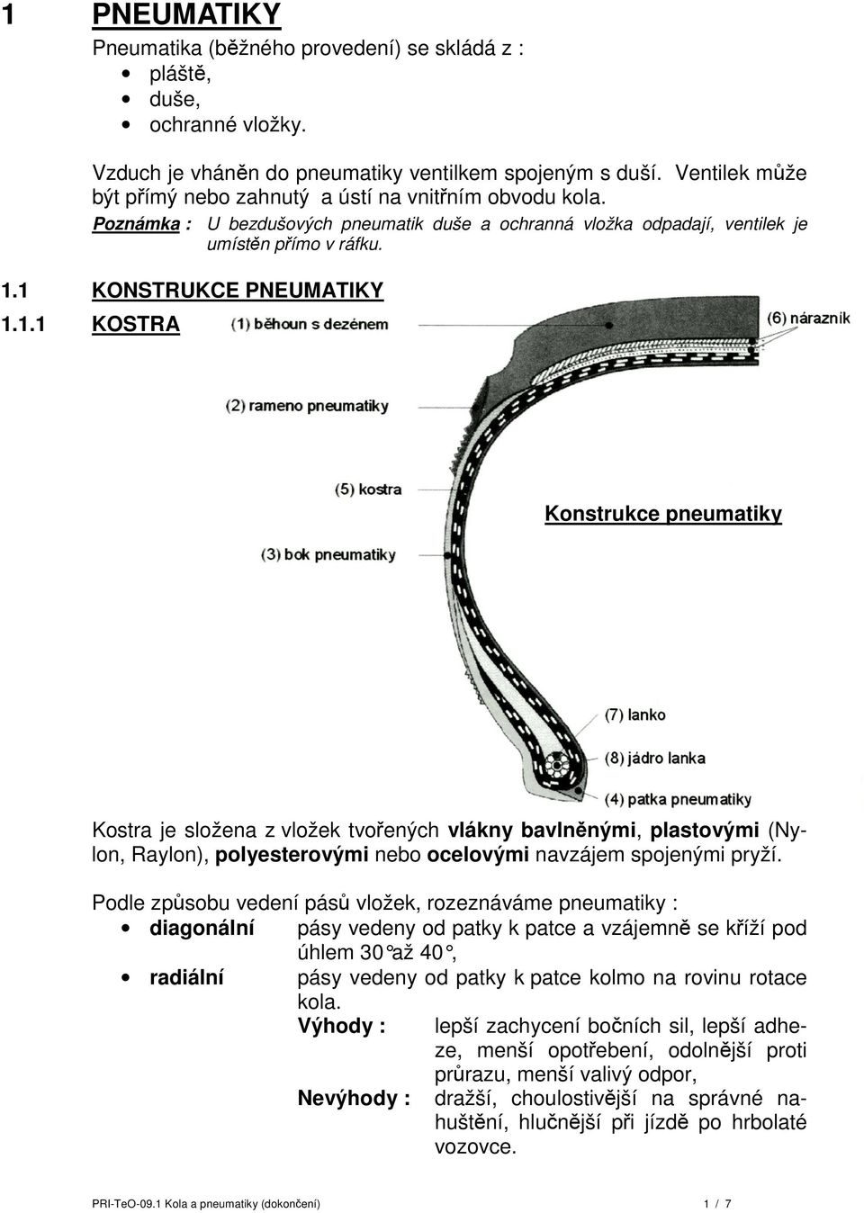 1.1 KOSTRA Konstrukce pneumatiky Kostra je složena z vložek tvořených vlákny bavlněnými, plastovými (Nylon, Raylon), polyesterovými nebo ocelovými navzájem spojenými pryží.