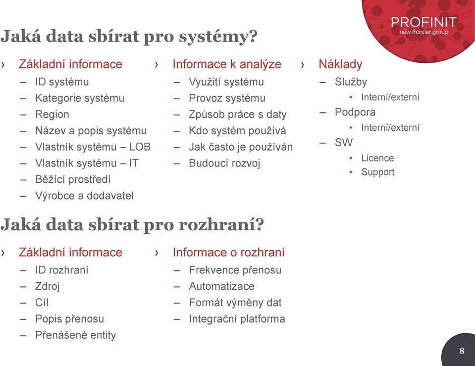 dodavatel Informace k analýze Využití systému Provoz systému Způsob práce s daty Kdo systém používá Jak často je používán Budoucí rozvoj Náklady