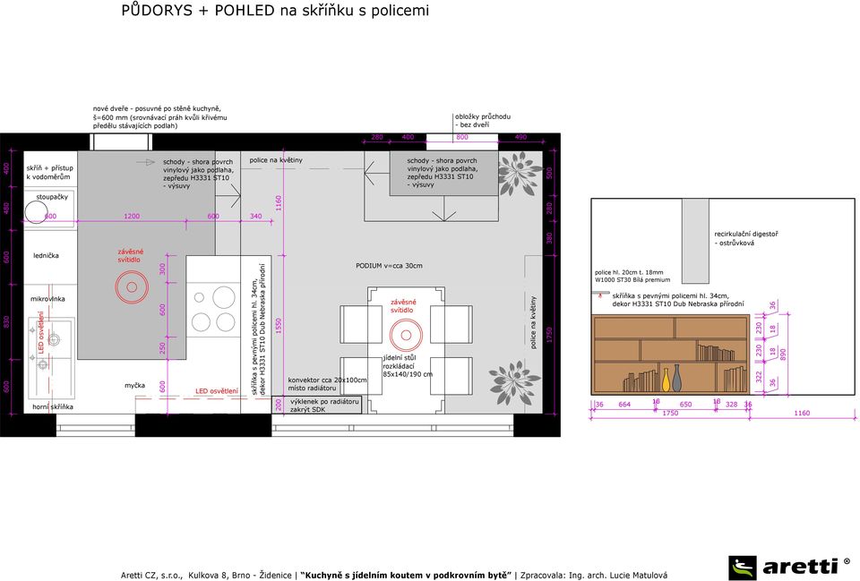 stoupačky 1200 340 1160 280 830 lednička mikrovlnka LED osvětlení horní skříňka závěsné svítidlo myčka 250 300 trouba pod var.deskou LED osvětlení skříňka s pevnými policemi hl.