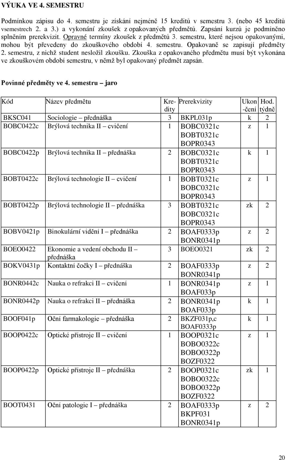 semestru, z nichž student nesložil zkoušku. Zkouška z opakovaného předmětu musí být vykonána ve zkouškovém období semestru, v němž byl opakovaný předmět zapsán. Povinné předměty ve 4.