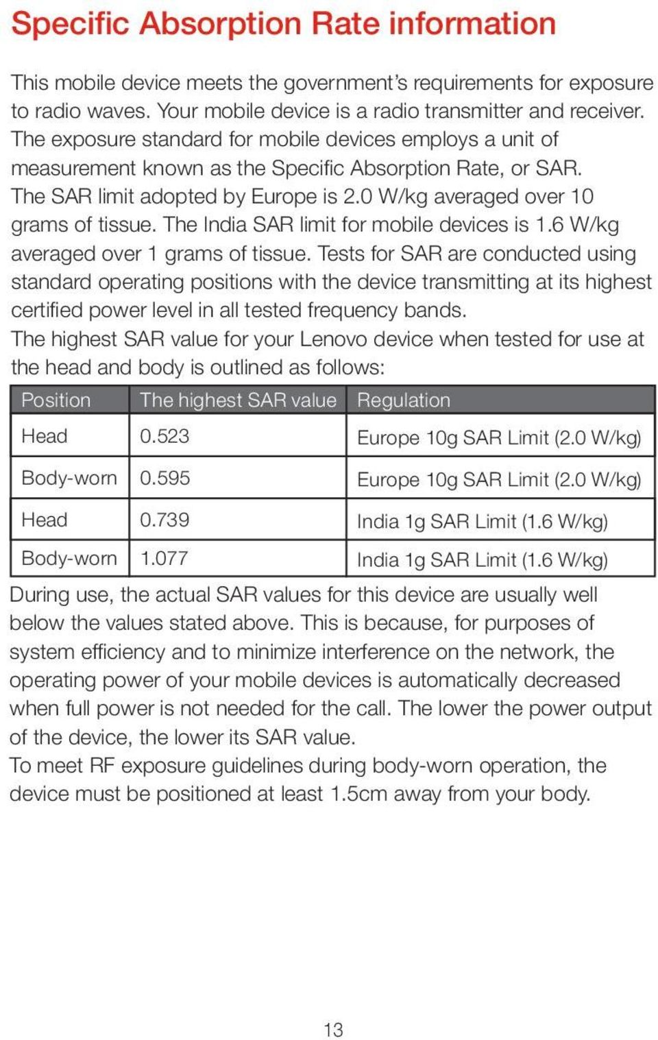 The India SAR limit for mobile devices is 1.6 W/kg averaged over 1 grams of tissue.