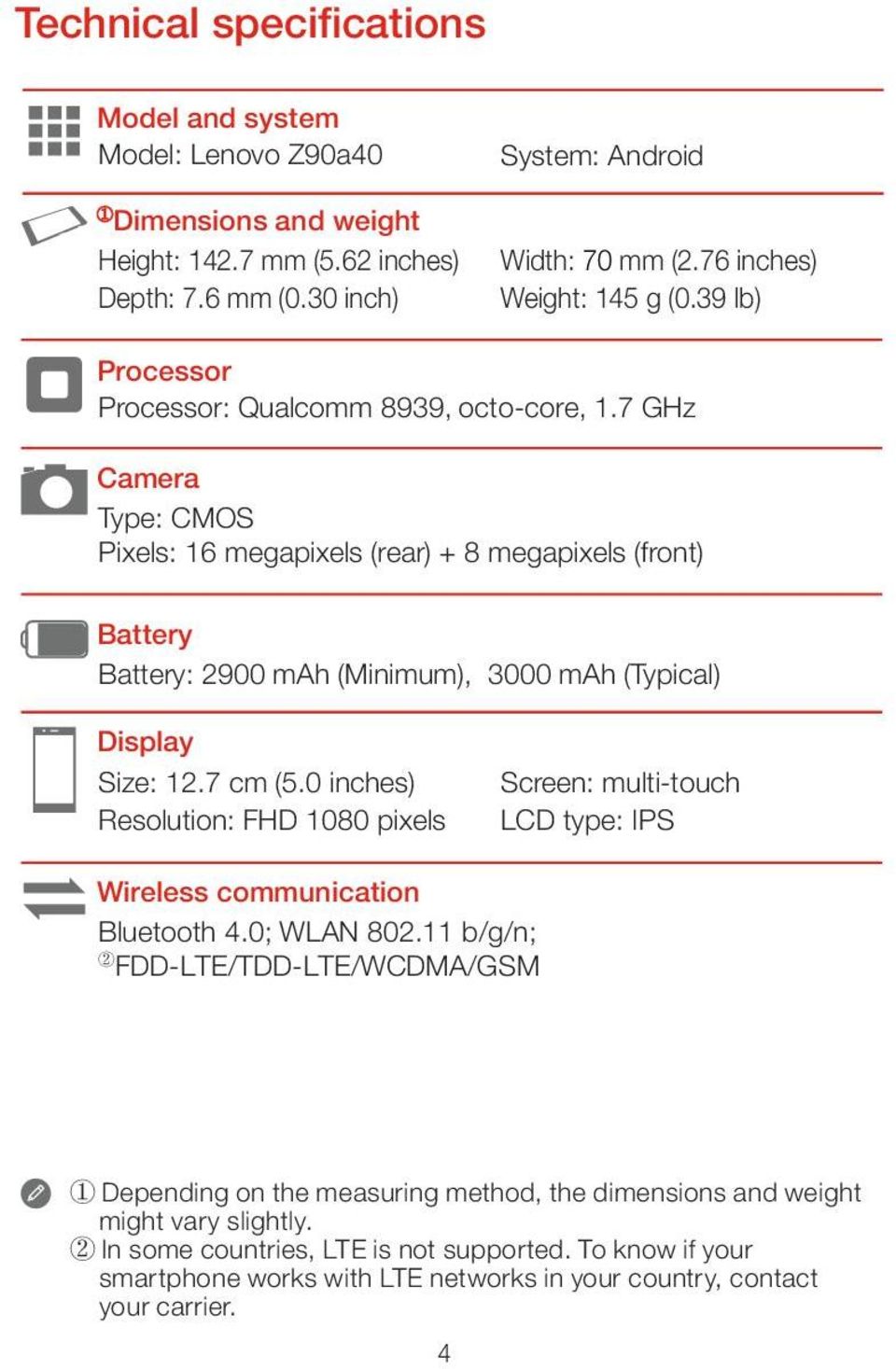 7 GHz Camera Type: CMOS Pixels: 16 megapixels (rear) + 8 megapixels (front) Battery Battery: 2900 mah (Minimum), 3000 mah (Typical) Display Size: 12.7 cm (5.