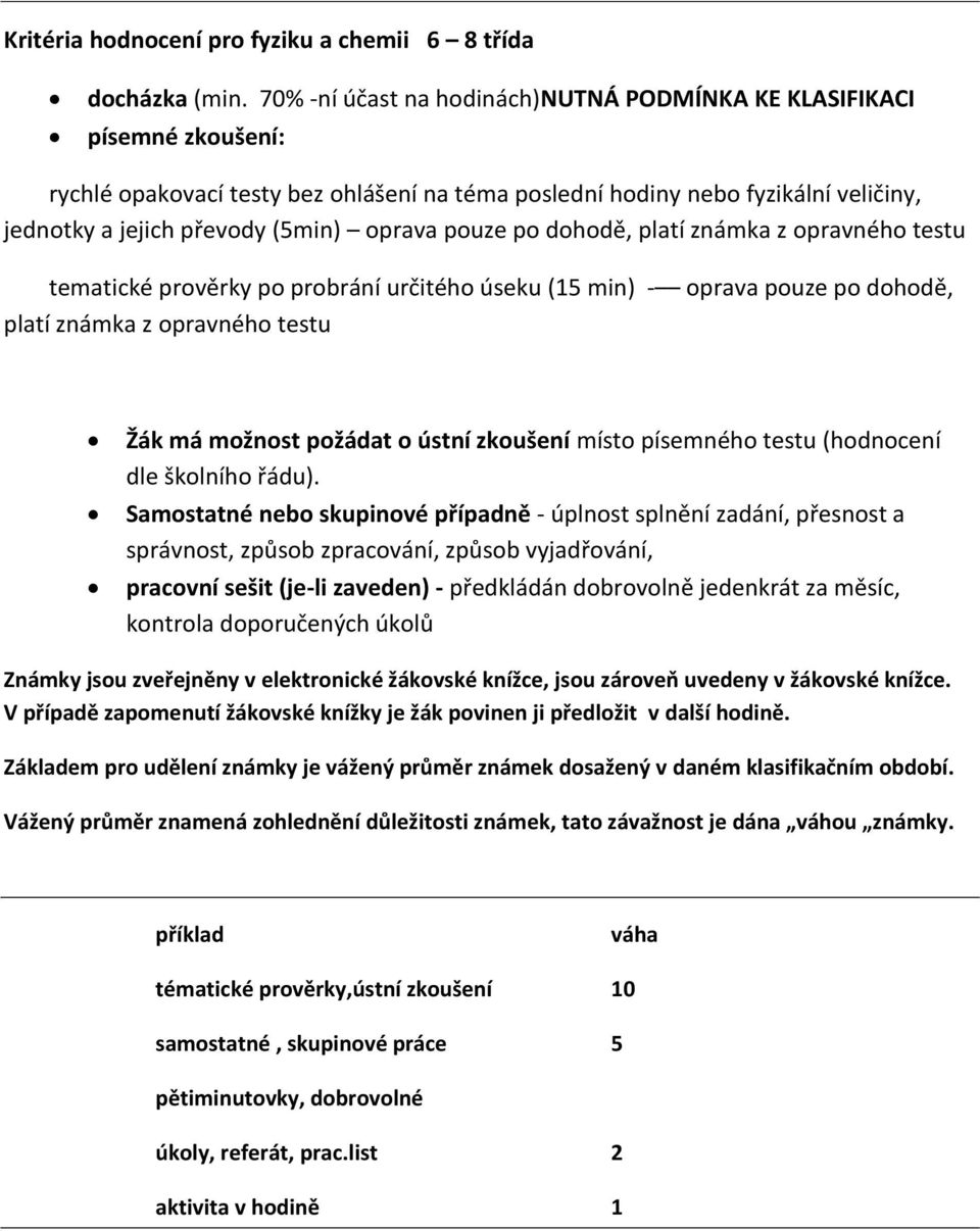 pouze po dohodě, platí známka z opravného testu tematické prověrky po probrání určitého úseku (15 min) - oprava pouze po dohodě, platí známka z opravného testu Žák má možnost požádat o ústní zkoušení