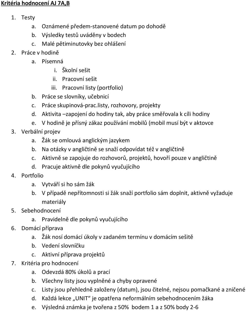 Aktivita zapojení do hodiny tak, aby práce směřovala k cíli hodiny e. V hodině je přísný zákaz používání mobilů (mobil musí být v aktovce 3. Verbální projev a. Žák se omlouvá anglickým jazykem b.