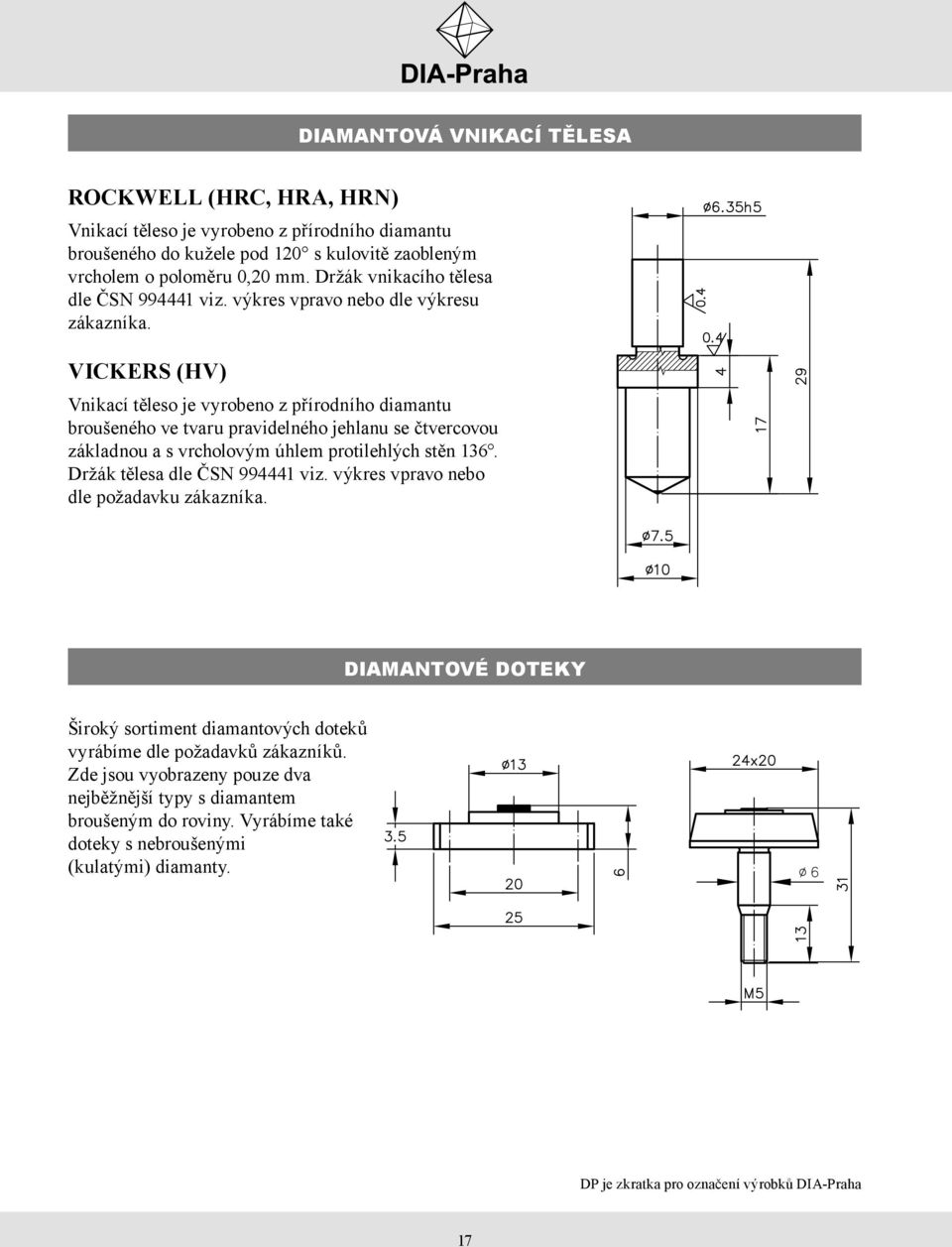 VICKERS (HV) Vnikací těleso je vyrobeno z přírodního diamantu broušeného ve tvaru pravidelného jehlanu se čtvercovou základnou a s vrcholovým úhlem protilehlých stěn 136.