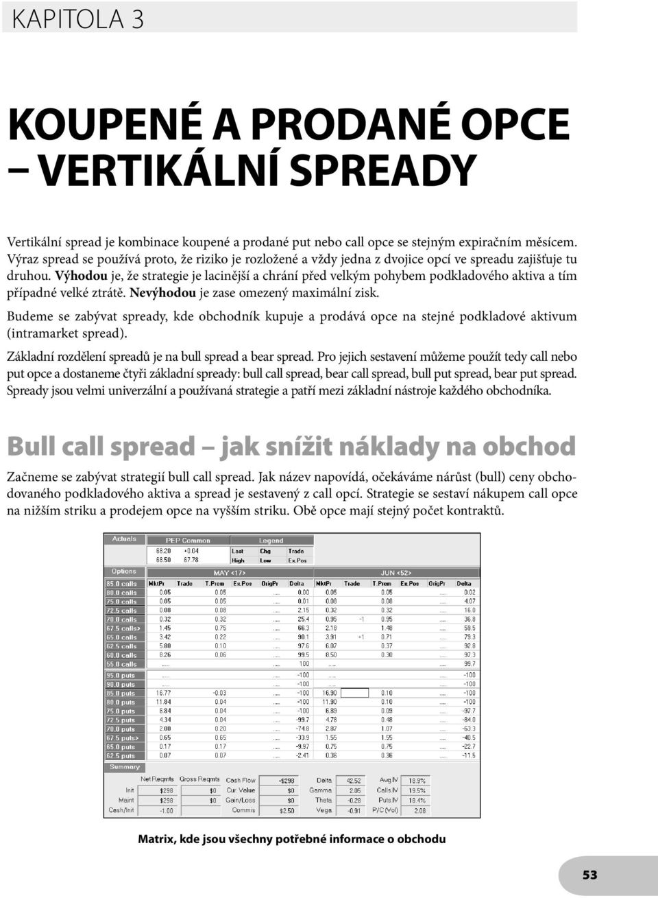 Výhodou je, že strategie je lacinější a chrání před velkým pohybem podkladového aktiva a tím případné velké ztrátě. Nevýhodou je zase omezený maximální zisk.