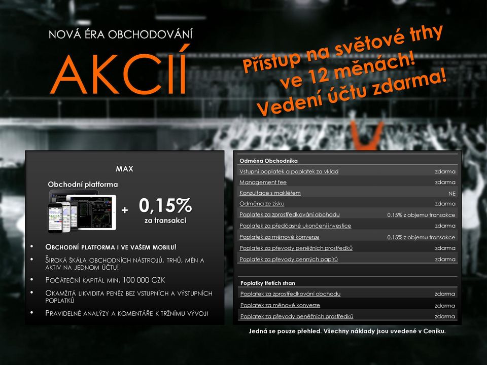 100 000 CZK OKAMŽITÁ LIKVIDITA PENĚZ BEZ VSTUPNÍCH A VÝSTUPNÍCH POPLATKŮ PRAVIDELNÉ ANALÝZY A KOMENTÁŘE K TRŽNÍMU VÝVOJI Odměna Obchodníka Vstupní