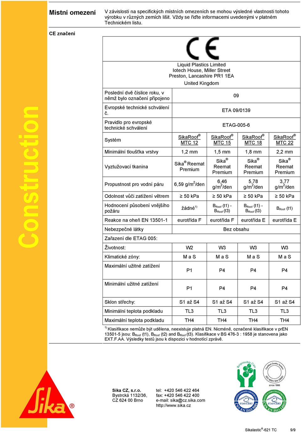 Pravidlo pro evropské technické schválení Systém MTC 12 ETA 09/0139 MTC 15 ETAG-005-6 MTC 18 MTC 22 Minimální tloušťka vrstvy 1,2 mm 1,5 mm 1,8 mm 2,2 mm Vyztužovací tkanina Propustnost pro vodní