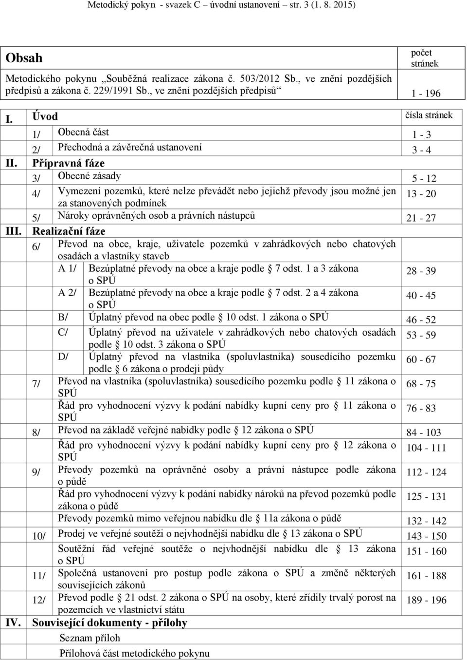 1/ Obecná část 1-3 2/ Přechodná a závěrečná ustanovení 3-4 Přípravná fáze 3/ Obecné zásady 5-12 4/ Vymezení pozemků, které nelze převádět nebo jejichž převody jsou možné jen 13-20 za stanovených