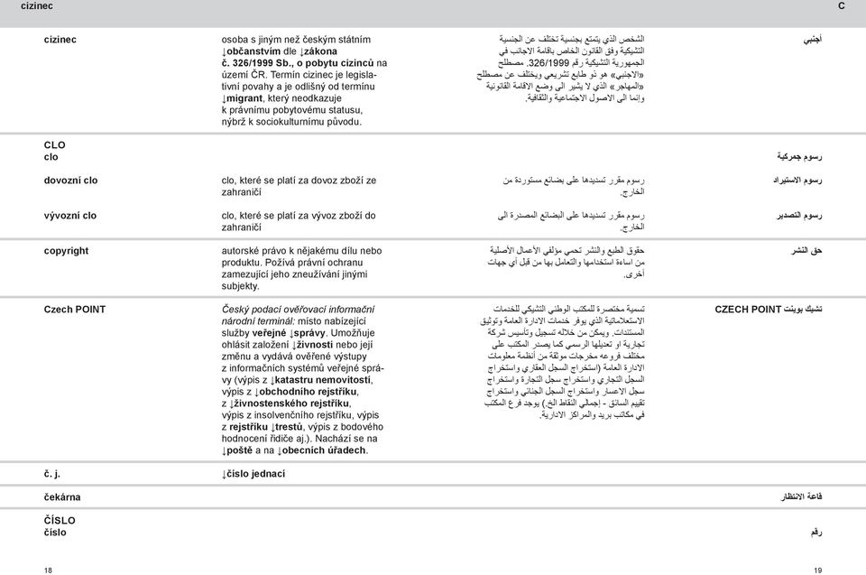 أجنبي الشخص الذي يتمتع بجنسية تختلف عن الجنسية التشيكية وفق القانون الخاص باقامة االجانب في الجمهورية التشيكية رقم 326/1999.