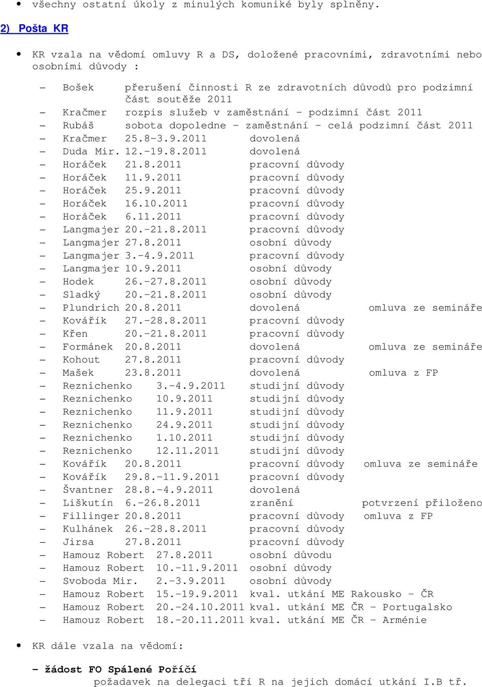 služeb v zaměstnání - podzimní část 2011 Rubáš sobota dopoledne - zaměstnání - celá podzimní část 2011 Kračmer 25.8-3.9.2011 dovolená Duda Mir. 12.-19.8.2011 dovolená Horáček 21.8.2011 pracovní důvody Horáček 11.