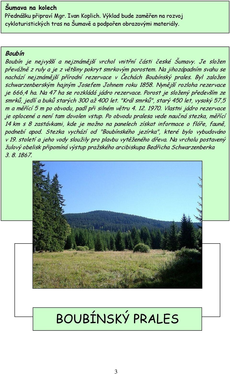 Na jihozápadním svahu se nachází nejznámější přírodní rezervace v Čechách Boubínský prales. Byl zaloţen schwarzenberským hajným Josefem Johnem roku 1858. Nynější rozloha rezervace je 666,4 ha.
