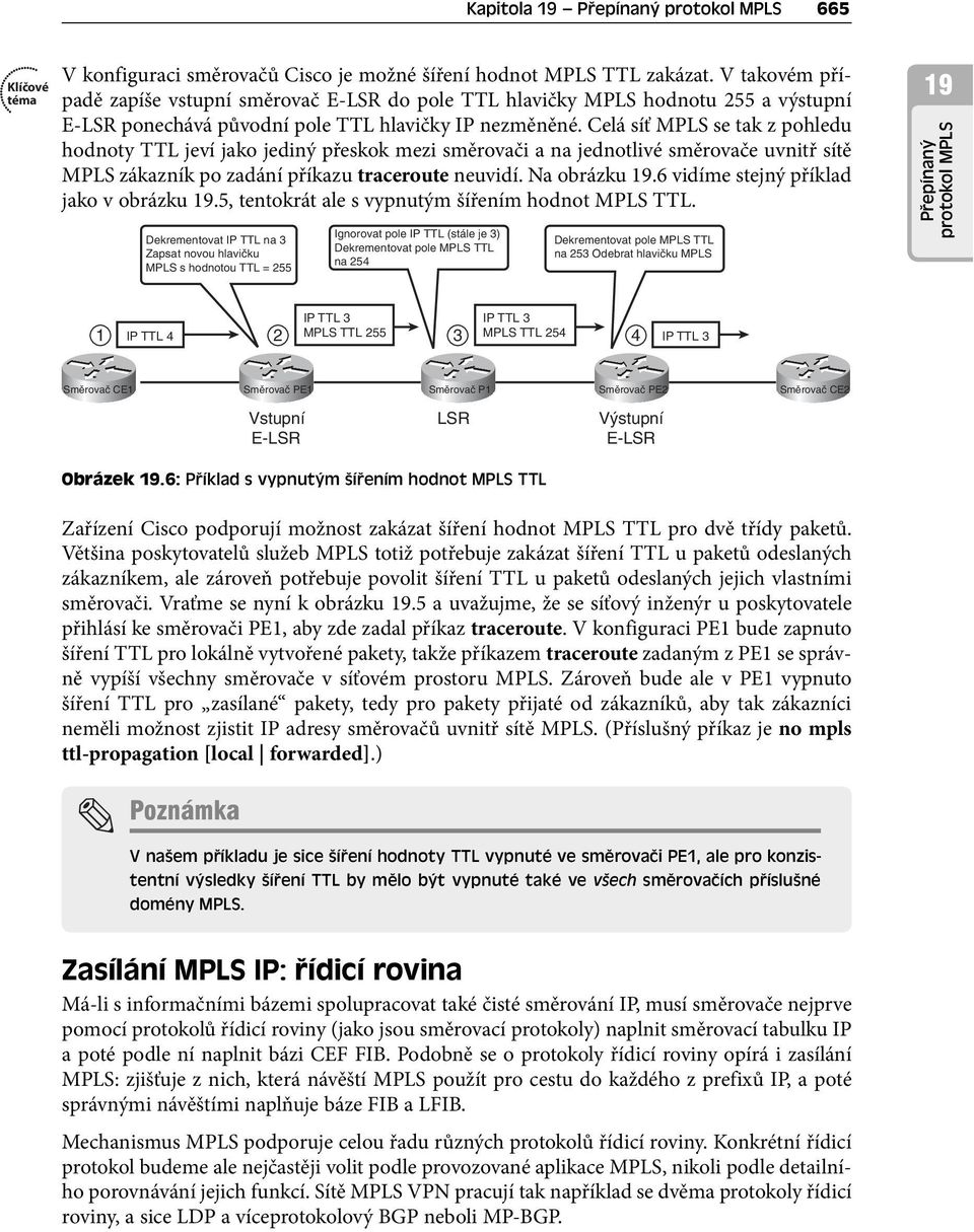 Celá síť MPLS se tak z pohledu hodnoty TTL jeví jako jediný přeskok mezi směrovači a na jednotlivé směrovače uvnitř sítě MPLS zákazník po zadání příkazu traceroute neuvidí. Na obrázku 19.