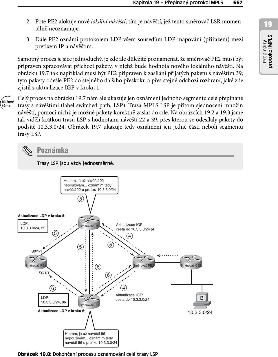 Samotný proces je sice jednoduchý, je zde ale důležité poznamenat, že směrovač PE2 musí být připraven zpracovávat příchozí pakety, v nichž bude hodnota nového lokálního návěští. Na obrázku 19.