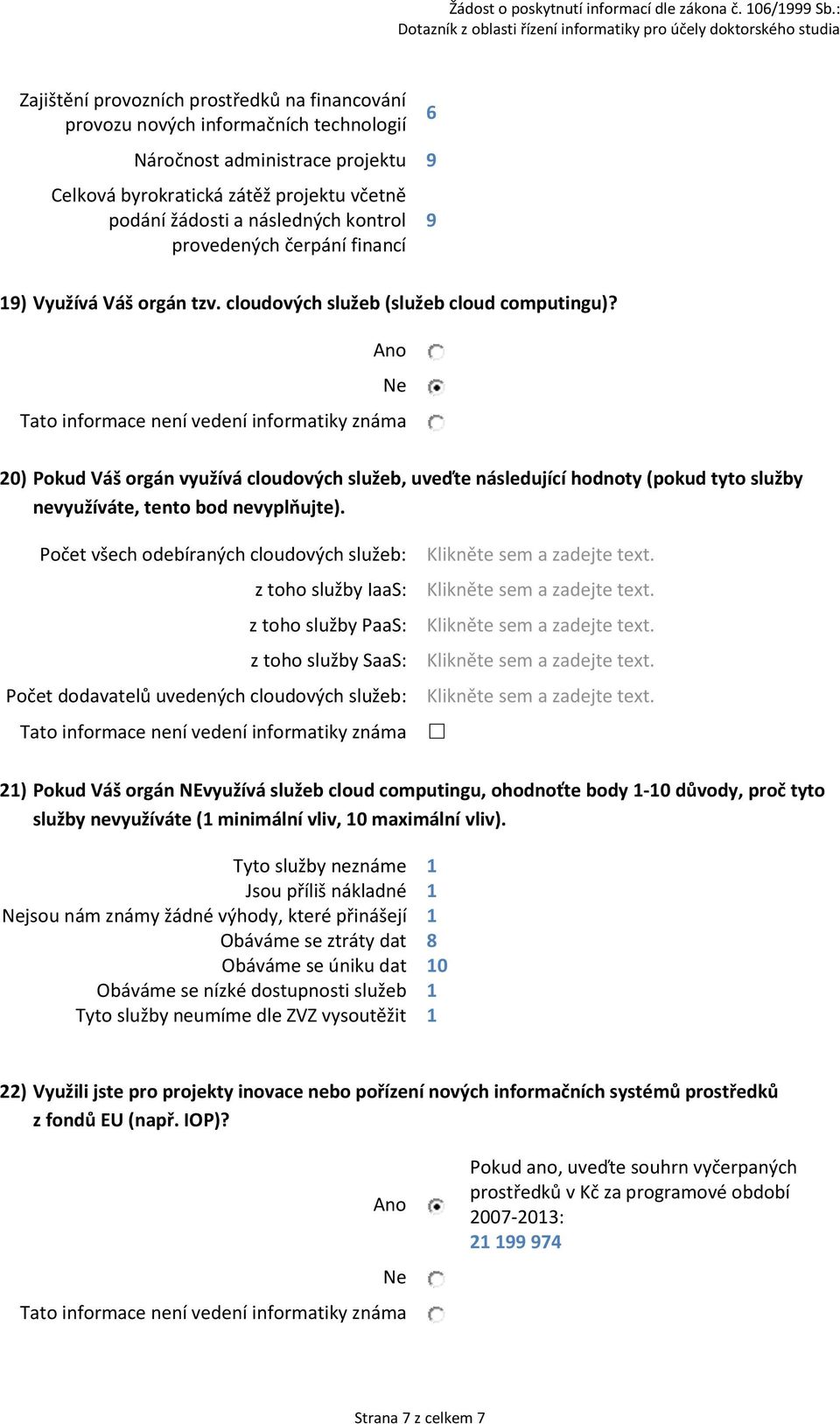 kontrol provedených čerpání financí 6 9 9) Využívá Váš orgán tzv. cloudových služeb (služeb cloud computingu)?