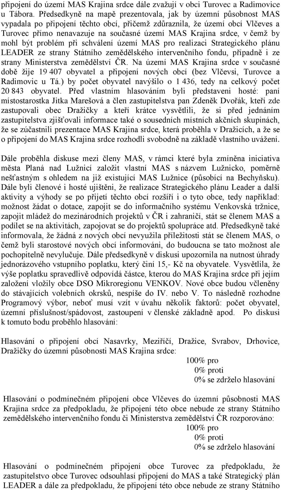 srdce, v čemž by mohl být problém při schválení území MAS pro realizaci Strategického plánu LEADER ze strany Státního zemědělského intervenčního fondu, případně i ze strany Ministerstva zemědělství