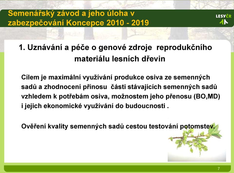 stávajících semenných sadů vzhledem k potřebám osiva, možnostem jeho přenosu (BO,MD) i