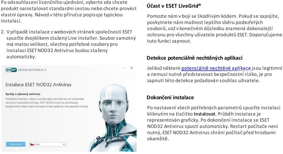 Soubor samotný má malou velikost, všechny potřebné soubory pro instalaci ESET NOD32 Antivirus budou staženy automaticky. Účast v ESET LiveGrid Pomozte nám v boji se škodlivým kódem.