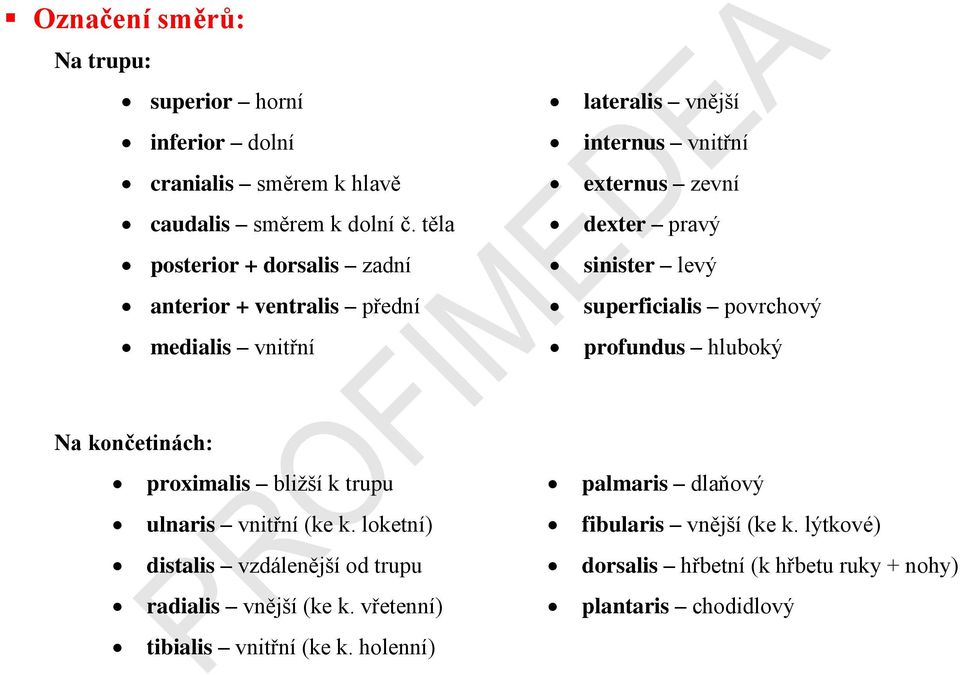 sinister levý superficialis povrchový profundus hluboký Na končetinách: proximalis bližší k trupu ulnaris vnitřní (ke k.