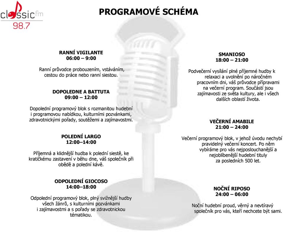 POLEDNÍ LARGO 12:00 14:00 Příjemná a klidnější hudba k polední siestě, ke kratičkému zastavení v běhu dne, váš společník při obědě a polední kávě.