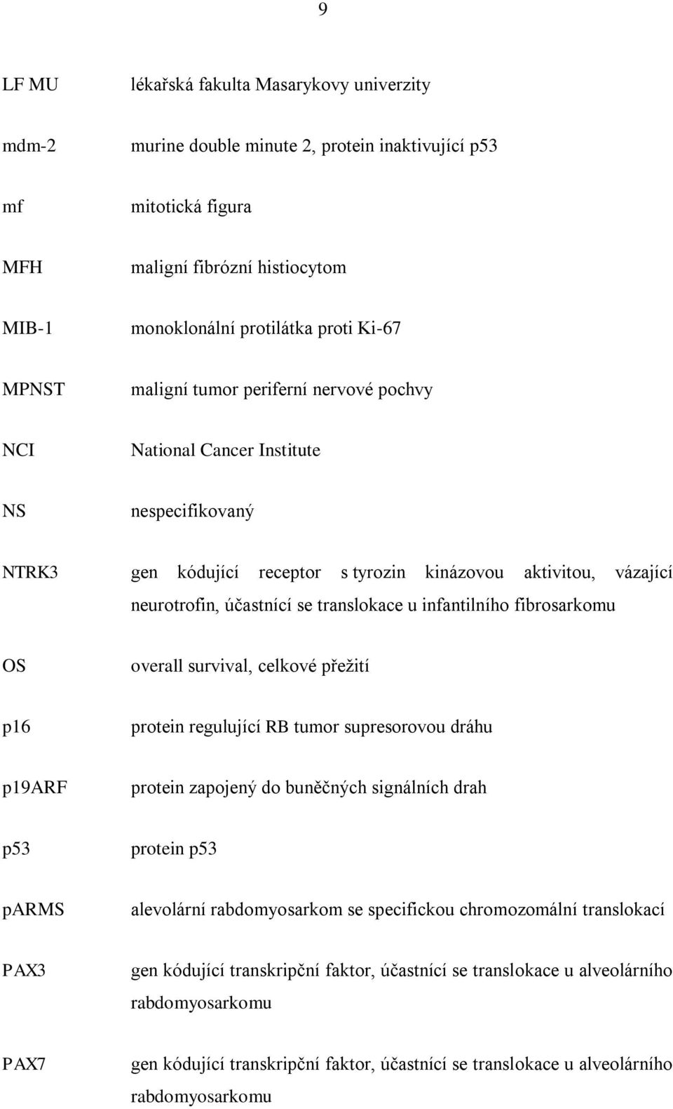 u infantilního fibrosarkomu OS overall survival, celkové přeţití p16 protein regulující RB tumor supresorovou dráhu p19arf protein zapojený do buněčných signálních drah p53 protein p53 parms