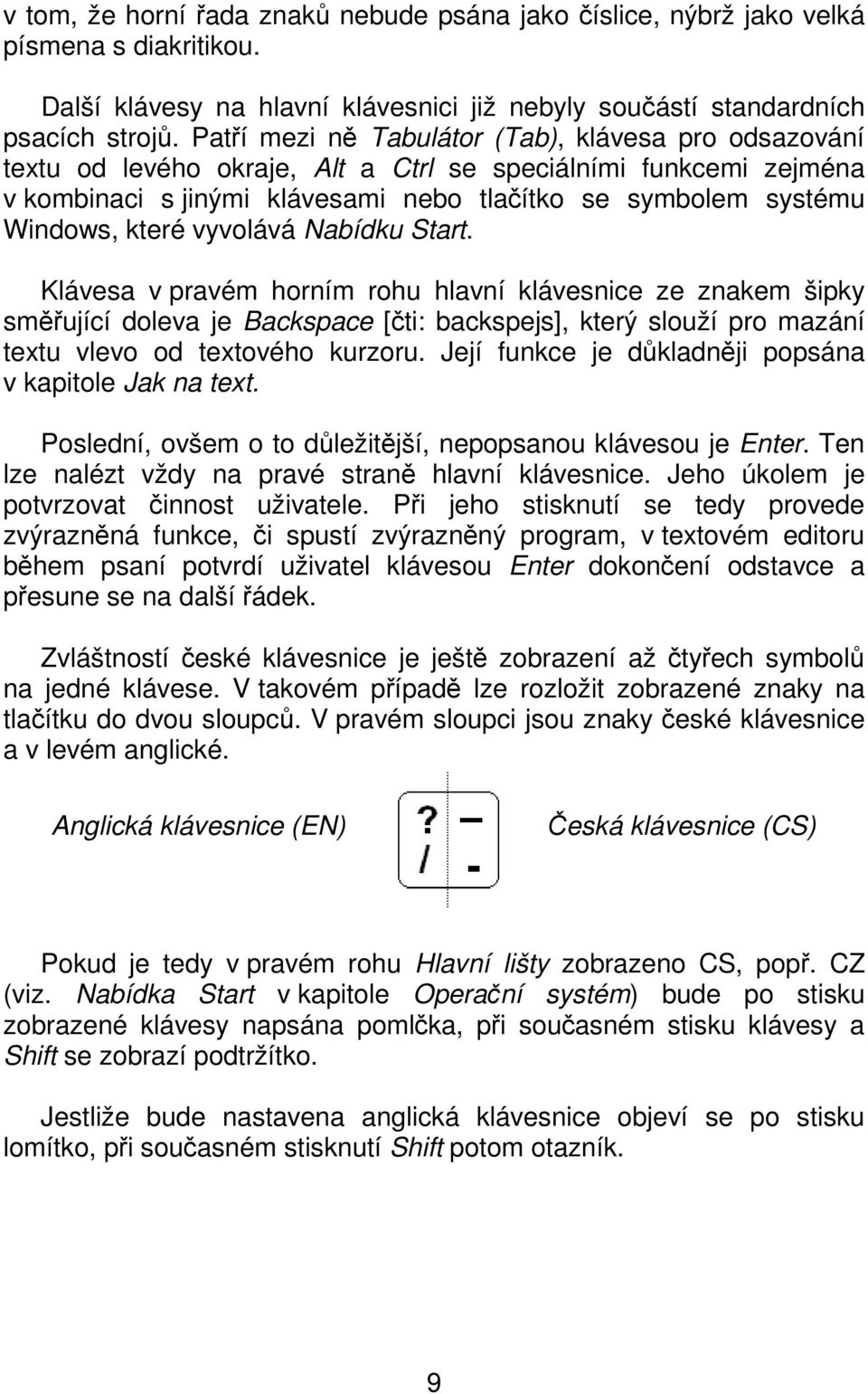 které vyvolává Nabídku Start. Klávesa v pravém horním rohu hlavní klávesnice ze znakem šipky směřující doleva je Backspace [čti: backspejs], který slouží pro mazání textu vlevo od textového kurzoru.