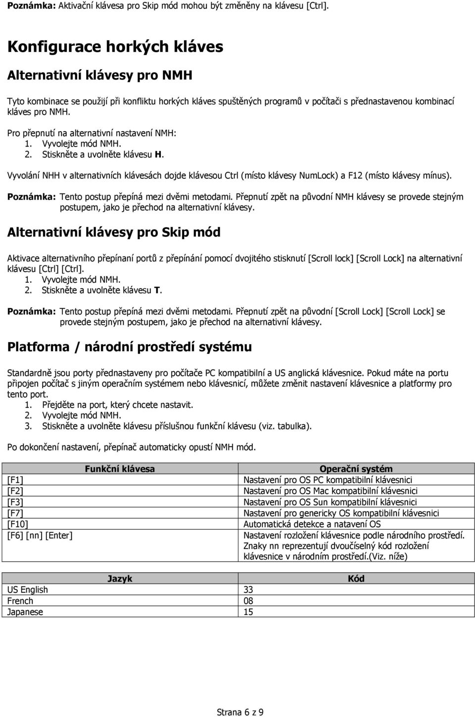 Pro přepnutí na alternativní nastavení NMH: 2. Stiskněte a uvolněte klávesu H. Vyvolání NHH v alternativních klávesách dojde klávesou Ctrl (místo klávesy NumLock) a F12 (místo klávesy mínus).