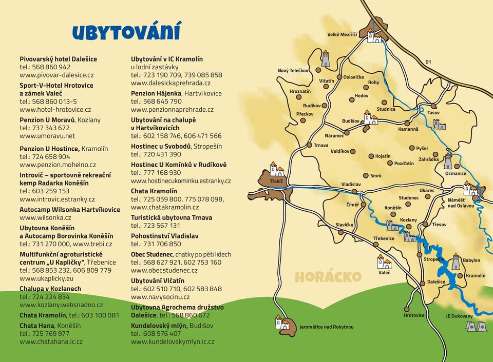 : 603 259 153 www.introvic.estranky.cz Autocamp Wilsonka Hartvíkovice www.wilsonka.cz Ubytovna Koněšín a Autocamp Borovinka Koněšín tel.: 731 270 000, www.trebi.