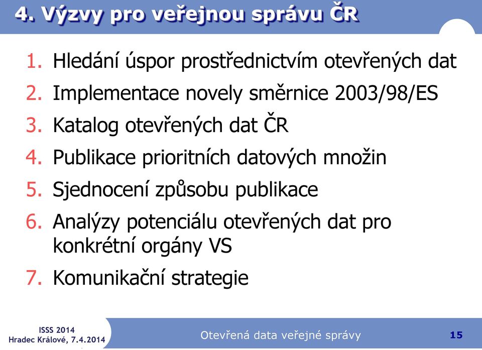 Publikace prioritních datových množin 5. Sjednocení způsobu publikace 6.