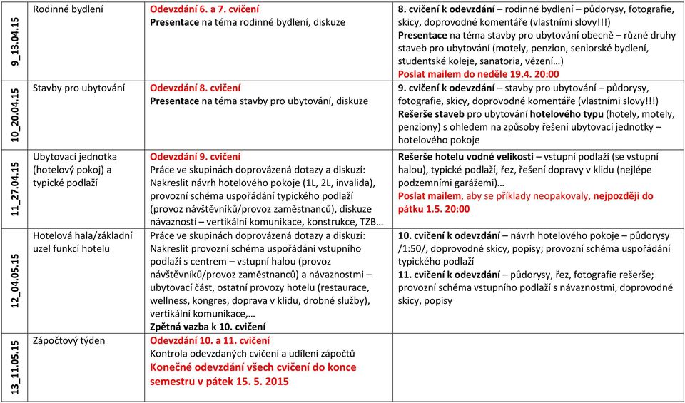 cvičení Nakreslit návrh hotelového pokoje (1L, 2L, invalida), provozní schéma uspořádání typického podlaží (provoz návštěvníků/provoz zaměstnanců), diskuze návazností vertikální komunikace,