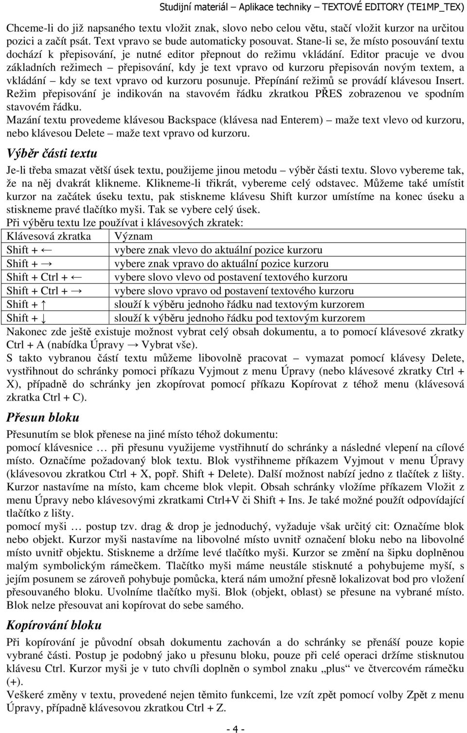 Editor pracuje ve dvou základních režimech přepisování, kdy je text vpravo od kurzoru přepisován novým textem, a vkládání kdy se text vpravo od kurzoru posunuje.