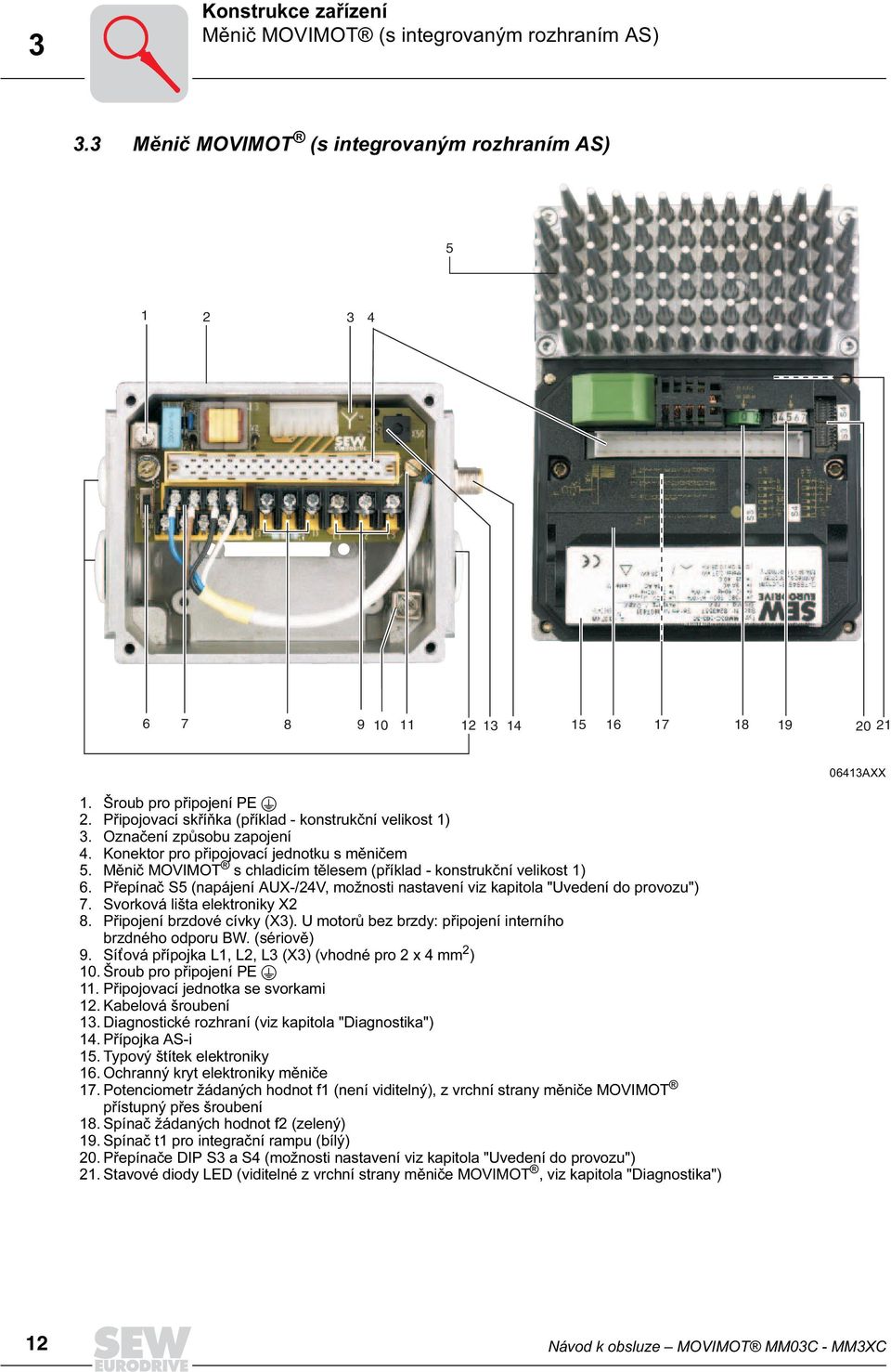 Měnič MOVIMOT s chladicím tělesem (příklad - konstrukční velikost 1) 6. Přepínač S5 (napájení AUX-/24V, možnosti nastavení viz kapitola "Uvedení do provozu") 7. Svorková lišta elektroniky X2 8.