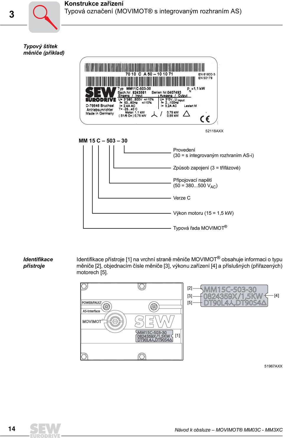 ..5 V AC ) Verze C Výkon motoru (15 = 1,5 kw) Typová řada MOVIMOT Identifikace přístroje Identifikace přístroje [1] na vrchní straně měniče