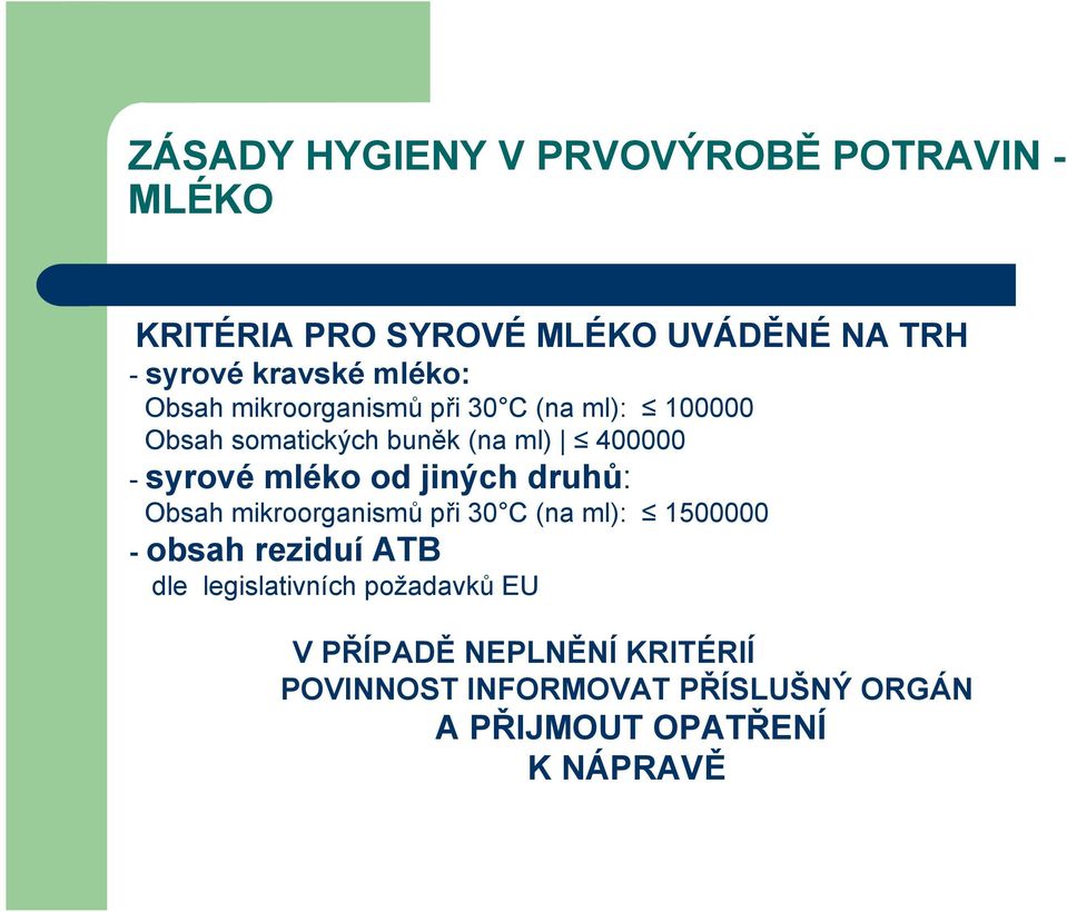 Obsah mikroorganismů při 30 C (na ml): 1500000 - obsah reziduí ATB dle legislativních požadavků