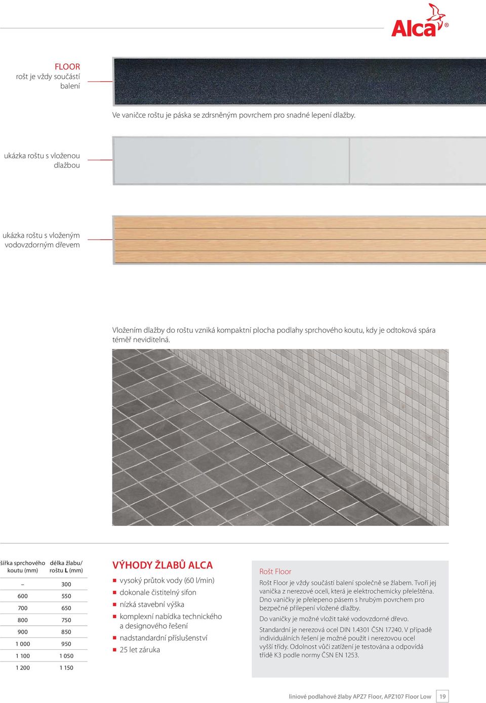 šířka sprchového koutu (mm) délka žlabu/ roštu L (mm) 300 600 550 700 650 800 750 900 850 1 000 950 1 100 1 050 1 200 1 150 VÝHODY ŽLABŮ ALCA vysoký průtok vody (60 l/min) dokonale čistitelný sifon