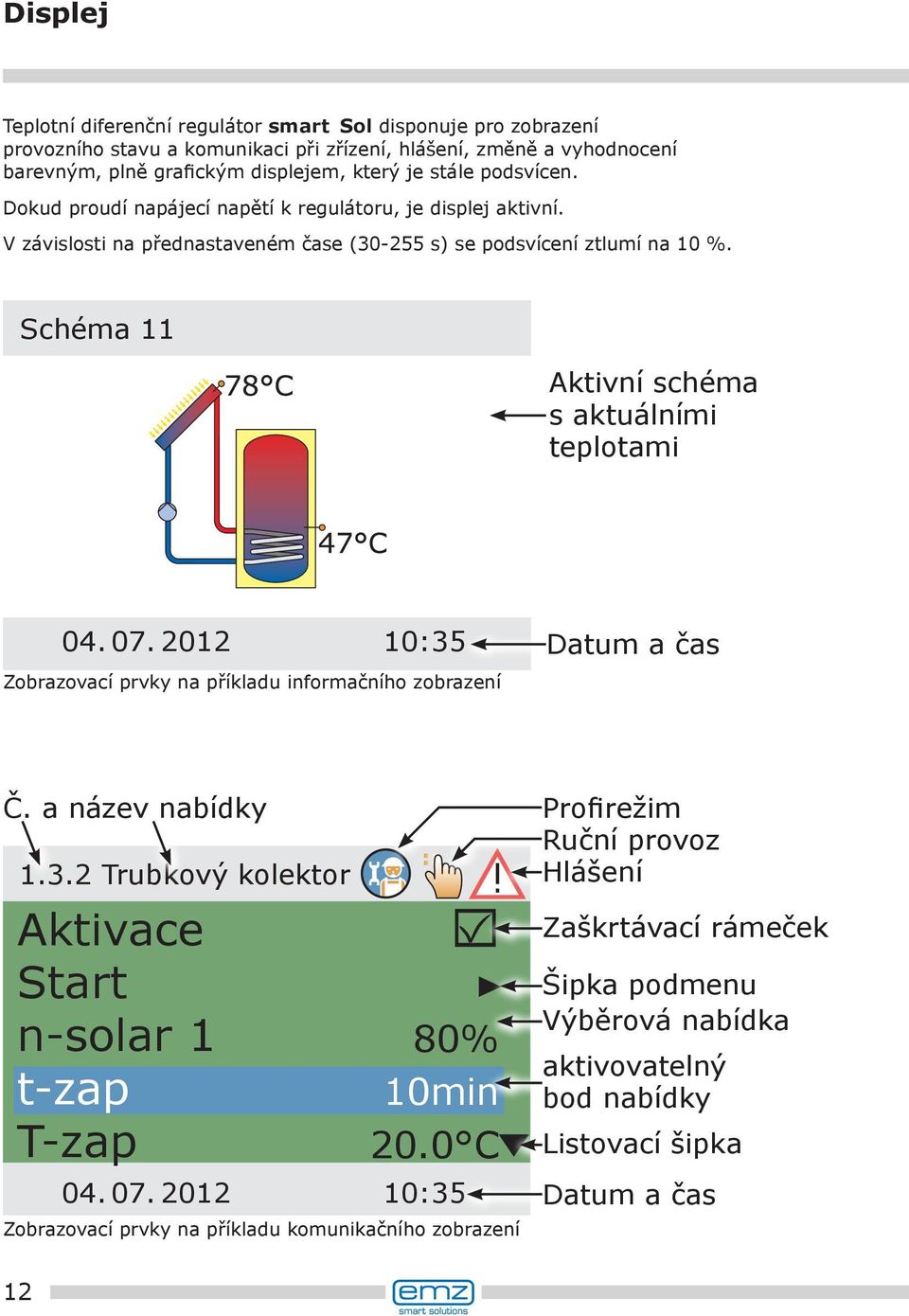 Schéma 11 Aktivní schéma s aktuálními teplotami 04. 07. 2012 10:35 Zobrazovací prvky na příkladu informačního zobrazení Datum a čas Č. a název nabídky 1.3.2 Trubkový kolektor Aktivace Start n-solar 1 t-zap T-zap 80% 10min 20.