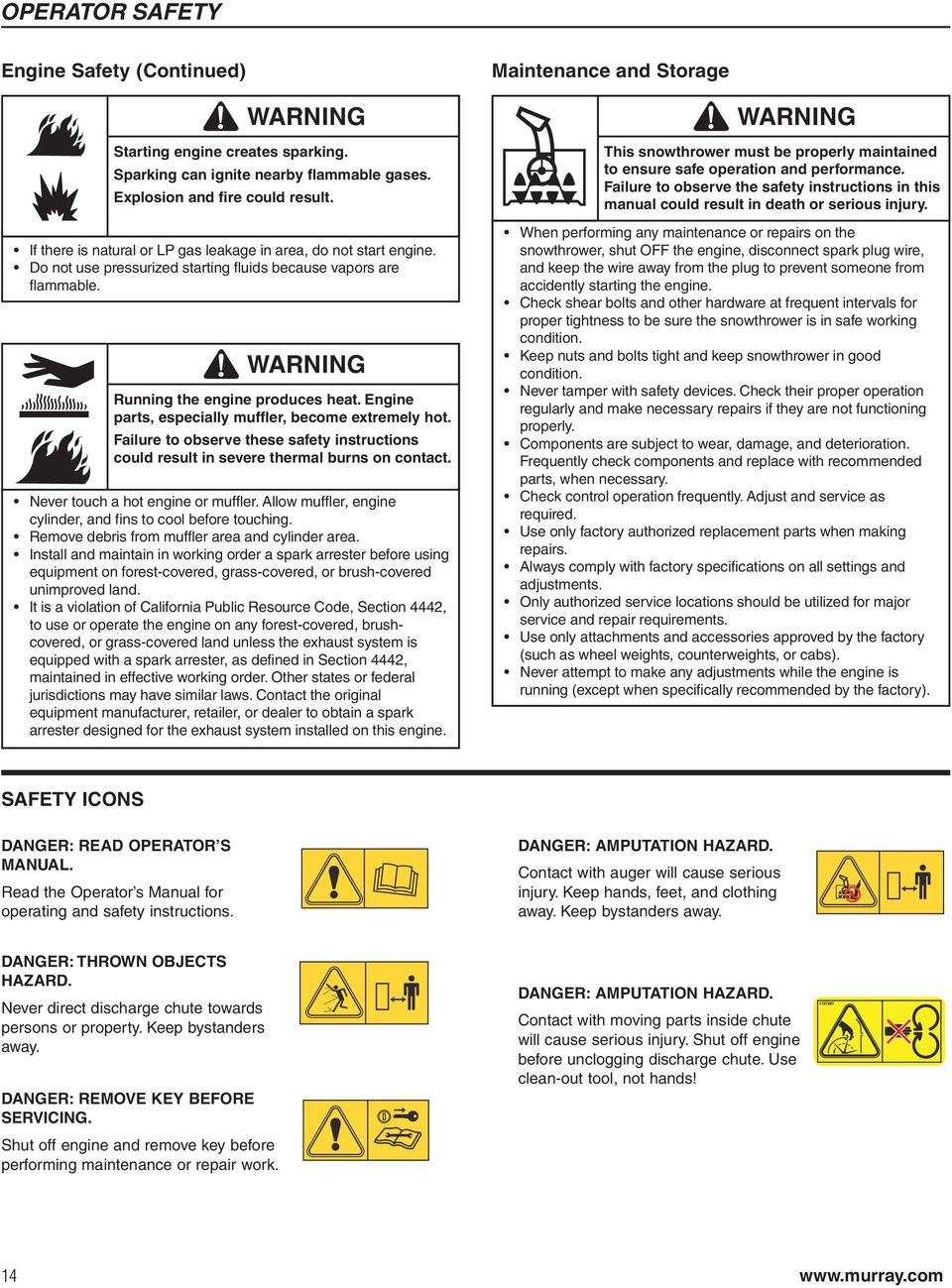 Engine parts, especially muffler, become extremely hot. Failure to observe these safety instructions could result in severe thermal burns on contact. Never touch a hot engine or muffler.