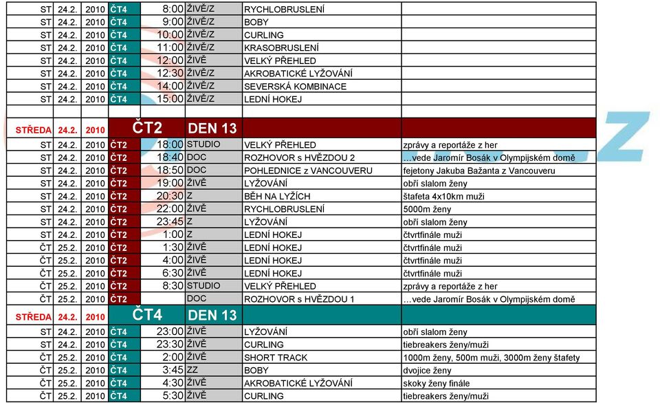 2. 2010 18:50 DOC POHLEDNICE z VANCOUVERU fejetony Jakuba Baţanta z Vancouveru ST 24.2. 2010 19:00 ŢIVĚ LYŢOVÁNÍ obří slalom ţeny ST 24.2. 2010 20:30 Z BĚH NA LYŢÍCH štafeta 4x10km muţi ST 24.2. 2010 22:00 ŢIVĚ RYCHLOBRUSLENÍ 5000m ţeny ST 24.