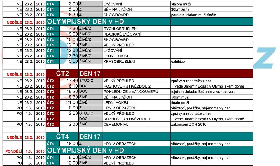 2. 2010 DEN 17 NE 28.2. 2010 17:40 STUDIO VELKÝ PŘEHLED zprávy a reportáţe z her NE 28.2. 2010 18:10 DOC ROZHOVOR s HVĚZDOU 2 vede Jaromír Bosák v Olympijském domě NE 28.2. 2010 18:20 DOC POHLEDNICE z VANCOUVERU fejetony Jakuba Baţanta z Vancouveru NE 28.