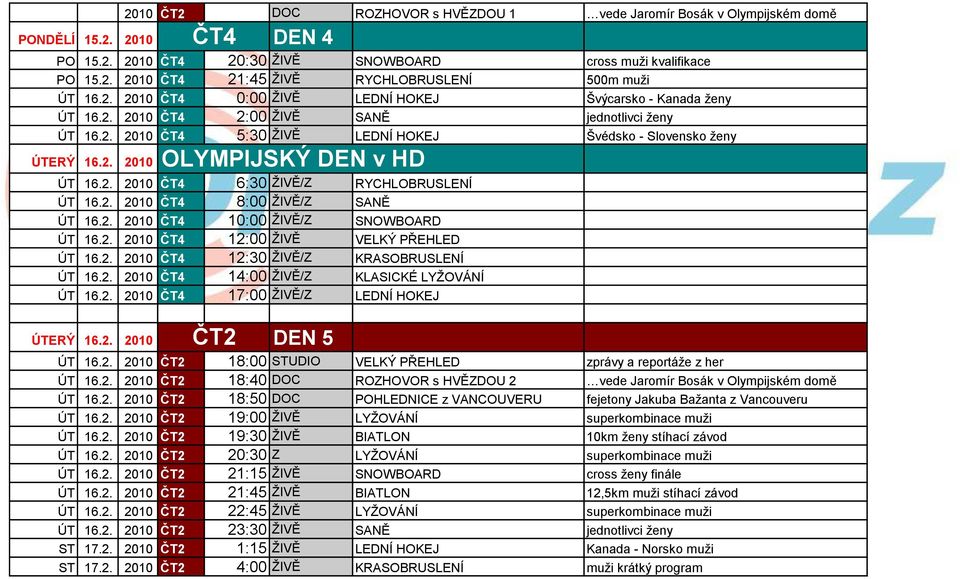 2. 2010 8:00 ŢIVĚ/Z SANĚ ÚT 16.2. 2010 10:00 ŢIVĚ/Z SNOWBOARD ÚT 16.2. 2010 12:00 ŢIVĚ VELKÝ PŘEHLED ÚT 16.2. 2010 12:30 ŢIVĚ/Z KRASOBRUSLENÍ ÚT 16.2. 2010 14:00 ŢIVĚ/Z KLASICKÉ LYŢOVÁNÍ ÚT 16.2. 2010 17:00 ŢIVĚ/Z LEDNÍ HOKEJ ÚTERÝ 16.