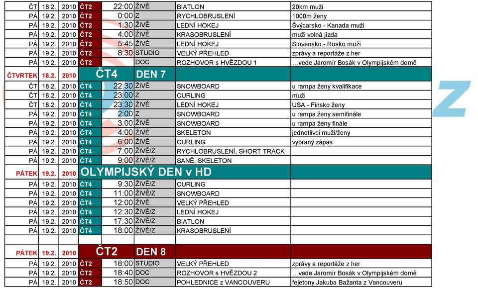 2. 2010 DEN 7 ČT 18.2. 2010 22:30 ŢIVĚ SNOWBOARD u rampa ţeny kvalifikace ČT 18.2. 2010 23:00 Z CURLING muţi ČT 18.2. 2010 23:30 ŢIVĚ LEDNÍ HOKEJ USA - Finsko ţeny PÁ 19.2. 2010 2:00 Z SNOWBOARD u rampa ţeny semifinále PÁ 19.