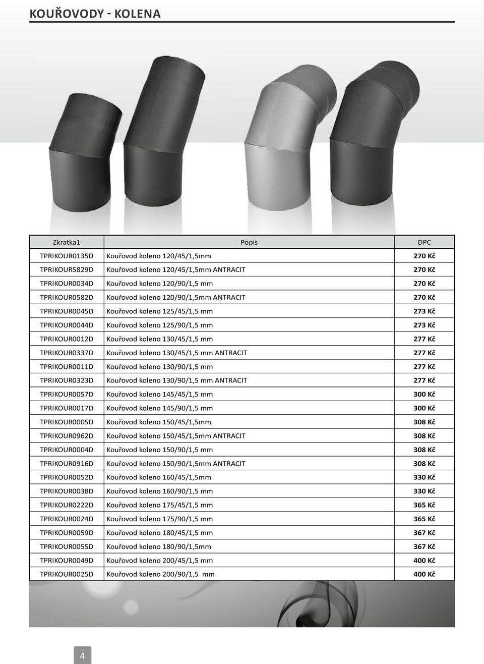 TPRIKOUR0337D Kouřovod koleno 130/45/1,5 mm ANTRACIT 277 Kč TPRIKOUR0011D Kouřovod koleno 130/90/1,5 mm 277 Kč TPRIKOUR0323D Kouřovod koleno 130/90/1,5 mm ANTRACIT 277 Kč TPRIKOUR0057D Kouřovod