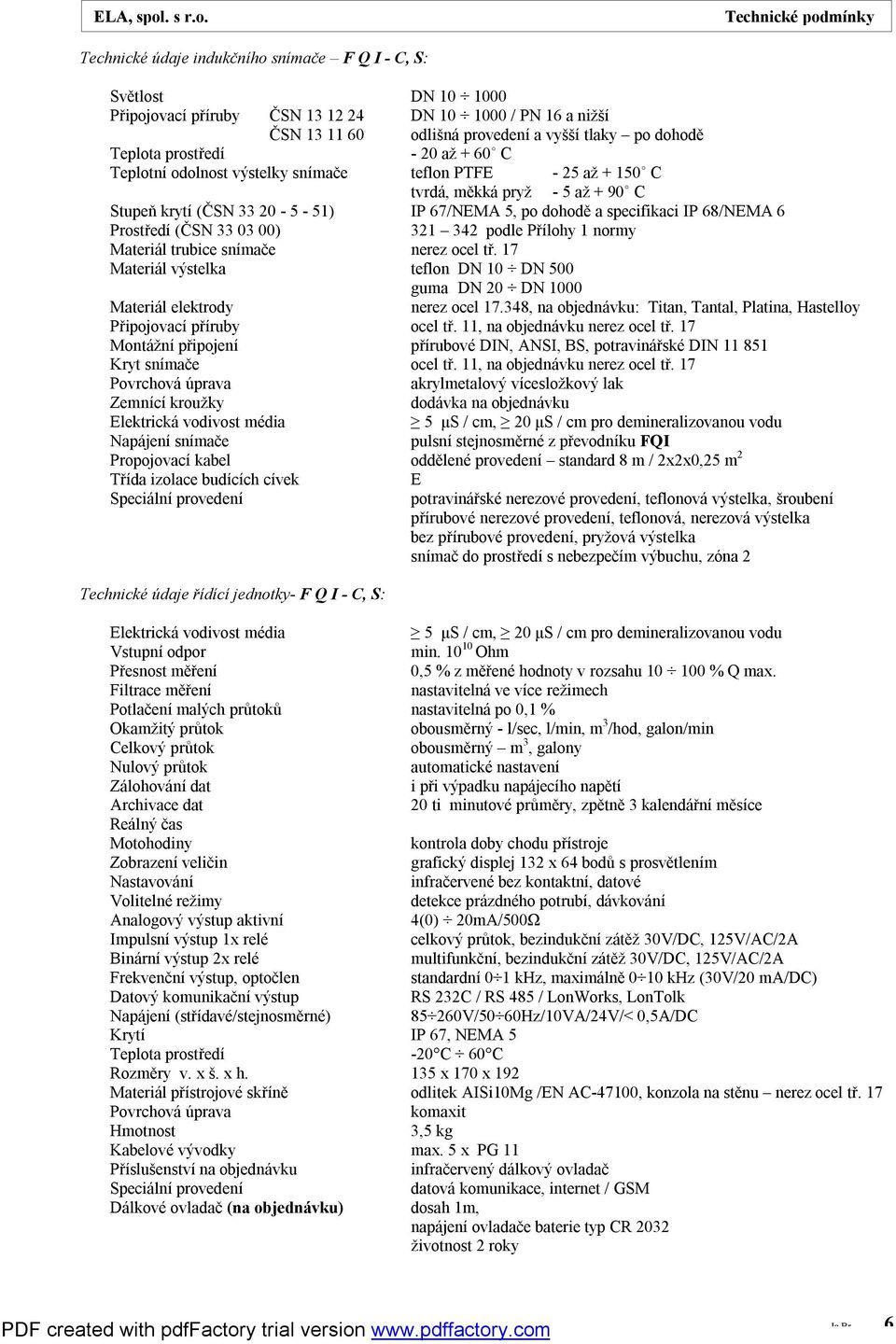 specifikaci IP 68/NEMA 6 Prostředí (ČSN 33 03 00) 321 342 podle Přílohy 1 normy Materiál trubice snímače nerez ocel tř.