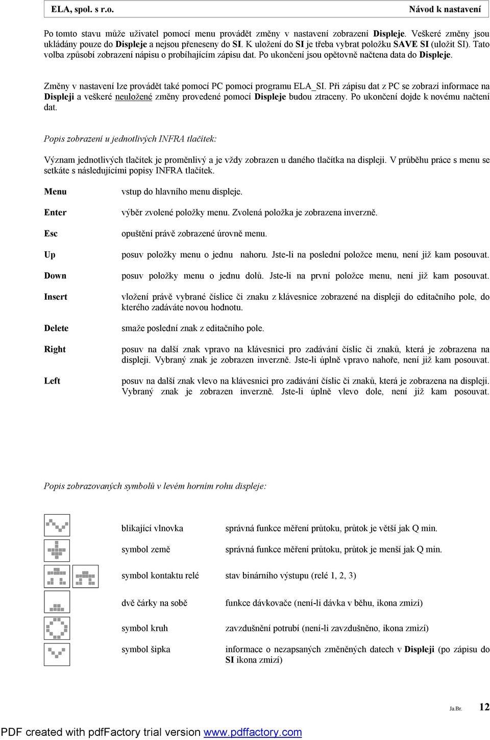 Změny v nastavení lze provádět také pomocí PC pomocí programu ELA_SI. Při zápisu dat z PC se zobrazí informace na Displeji a veškeré neuložené změny provedené pomocí Displeje budou ztraceny.