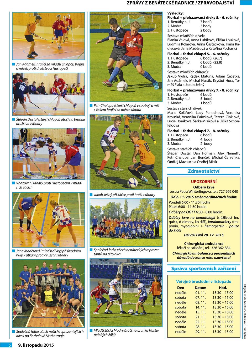 Hustopeče 2 body Sestava mladších dívek: Blanka Valová, Anna Lubiková, Eliška Louková, Ludmila Kolářová, Anna Částečková, Hana Kadlecová, Jana Maděrová a Kateřina Podráská Florbal + fotbal chlapci 5.
