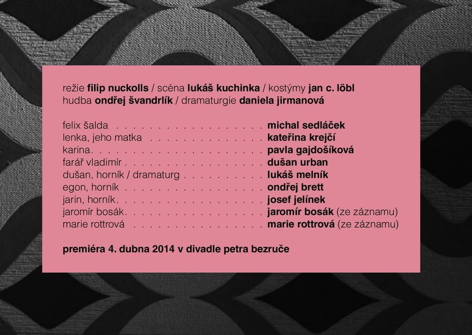 ................ dušan urban dušan, horník / dramaturg.......... lukáš melník egon, horník................. ondřej brett jarin, horník.